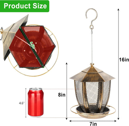 LBTING Bird Feeder for Outside, Hexagon Lantern-Shaped Metal Bird Feeder, Squirrel Proof Wild Bird Feeders for Hanging Outdoor Garden Yard