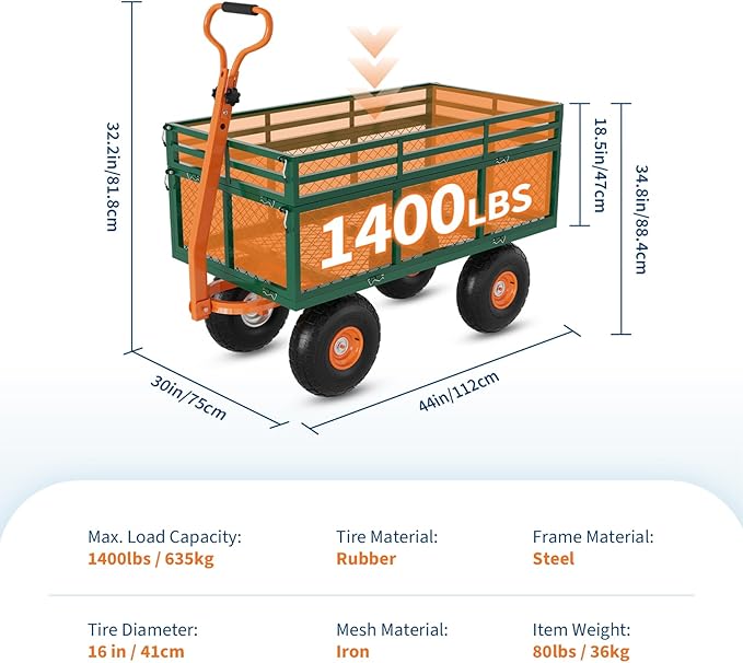 Versatile Garden Cart for Lawn and Yard with Heavy Duty Steel, 1400 Lbs Capacity Mesh Steel Garden Cart Folding Utility Wagon with Removable Side Panels, Long Handle, 10" Tires - Green and Orange