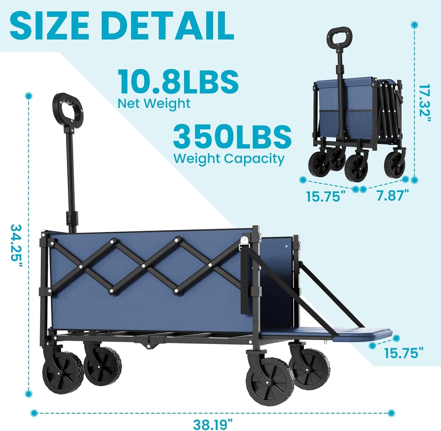 Collapsible Wagon with Tailgate, Wagons Carts Foldable with 350lbs Capacity, Lightweight Portable Utility Wagon Cart for Shopping Camping Sports Garden (Navy)