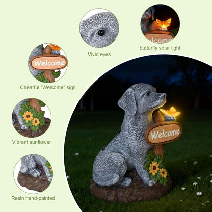 Solar Garden Decor Dog Figurine Outdoor Decoration with Butterfly Light for Home Garden Patio Yard Balcony Lawn Ornaments, Birthday Gifts for Dog Lovers Women, Mom, Grandma