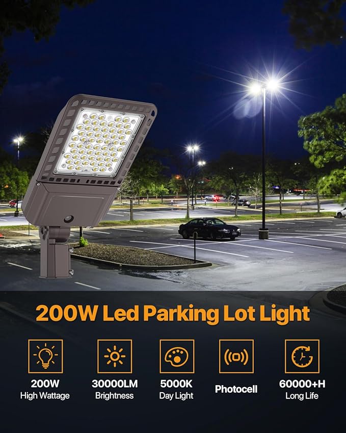 Parking Lot Light 200W 30,000LM Slip Fitter Led Street Pole Light with Dusk-to-Dawn Photocell 5000K 100-277V IP65 Waterproof Outdoor Commercial Area Lighting for Parking Lot, Roadways