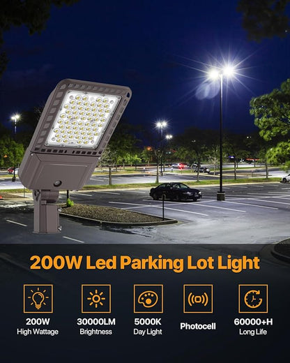 Parking Lot Light 200W 30,000LM Slip Fitter Led Street Pole Light with Dusk-to-Dawn Photocell 5000K 100-277V IP65 Waterproof Outdoor Commercial Area Lighting for Parking Lot, Roadways