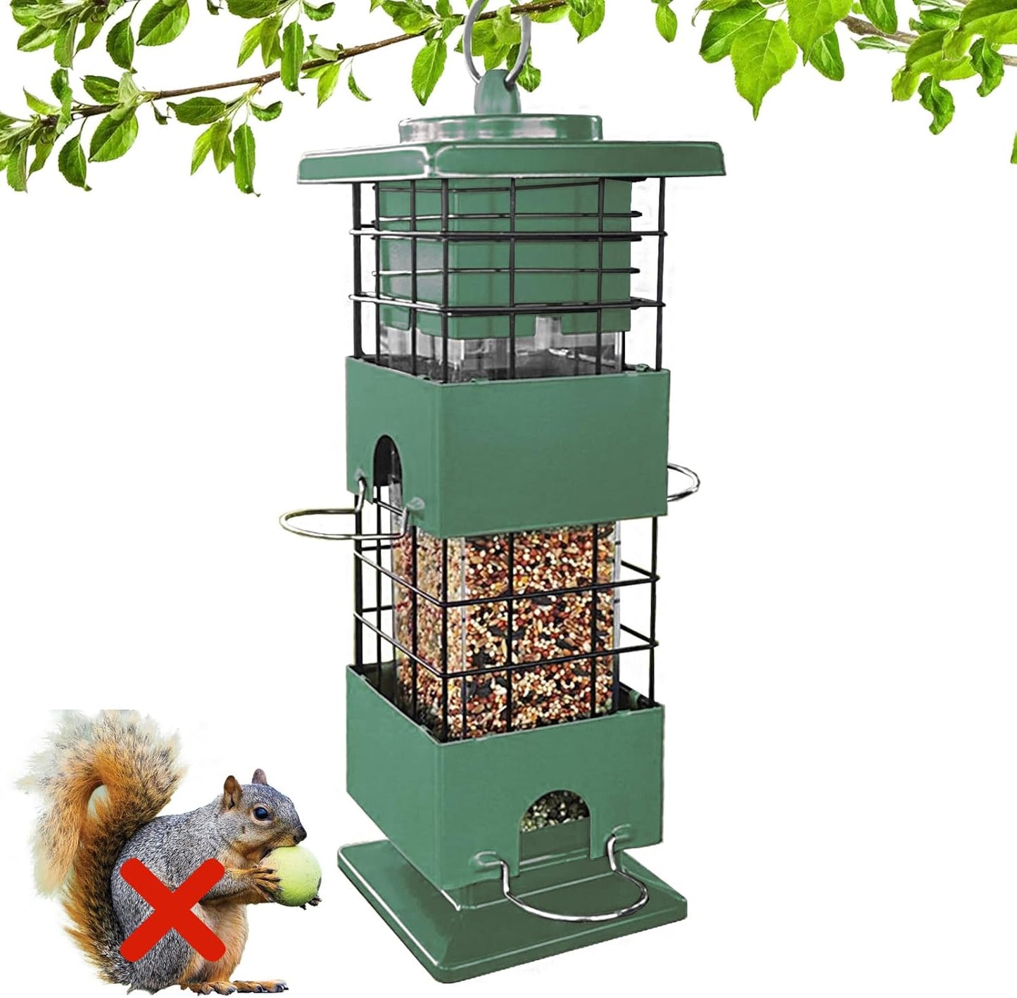Squirrel Proof Bird Feeder, Metal Bird Feeders for Outdoors, 3 Lbs Birdfeeder Outside Hanging, Weight Activated Spring, 4 Feeding Ports, Cardinals, Finches and Sparrows, Wild Birds (Green)