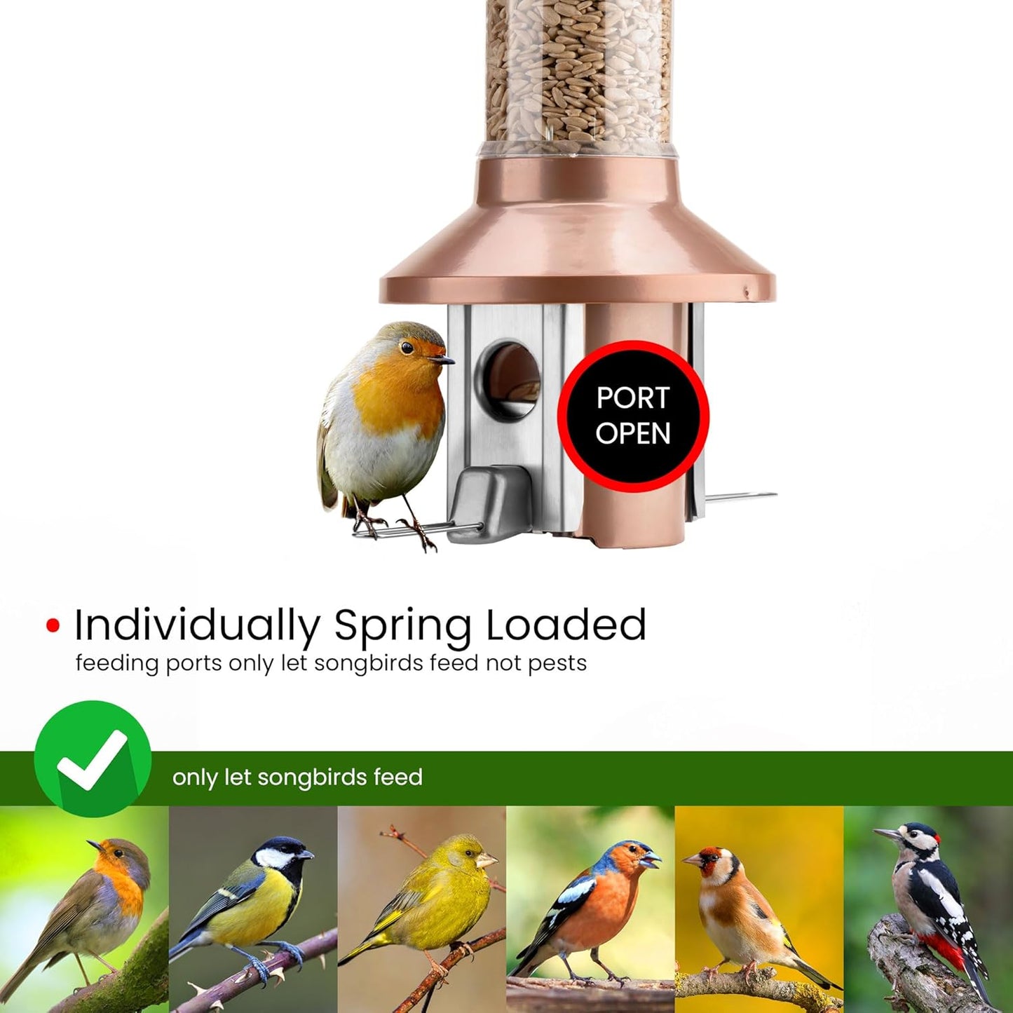 Roamwild 2.0 Squirrel Proof Wild Bird Feeder Mixed Seed Sunflower Heart Version - Now Greatly Improved - Antique Copper – Huge 4 POUND Seed Capacity – 26”x8”x8” (w/Hanger)