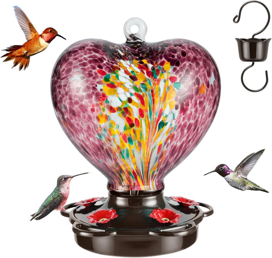 Hand Blown Glass Hummingbird Feeder for Outdoors All Season Use - 28 Fl. Oz. Leak Proof Hummingbird Feeder with Rust Proof Base - Includes Ant Moat, Ant & Bee Proof (Purple)