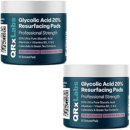 Glycolic Acid 20% Resurfacing Pads for Face & Body with Vitamins B5, C & E, Green Tea, Calendula, Allantoin - Exfoliates Surface Skin and Reduces Appearance of Fine Lines and Wrinkles - 2PK