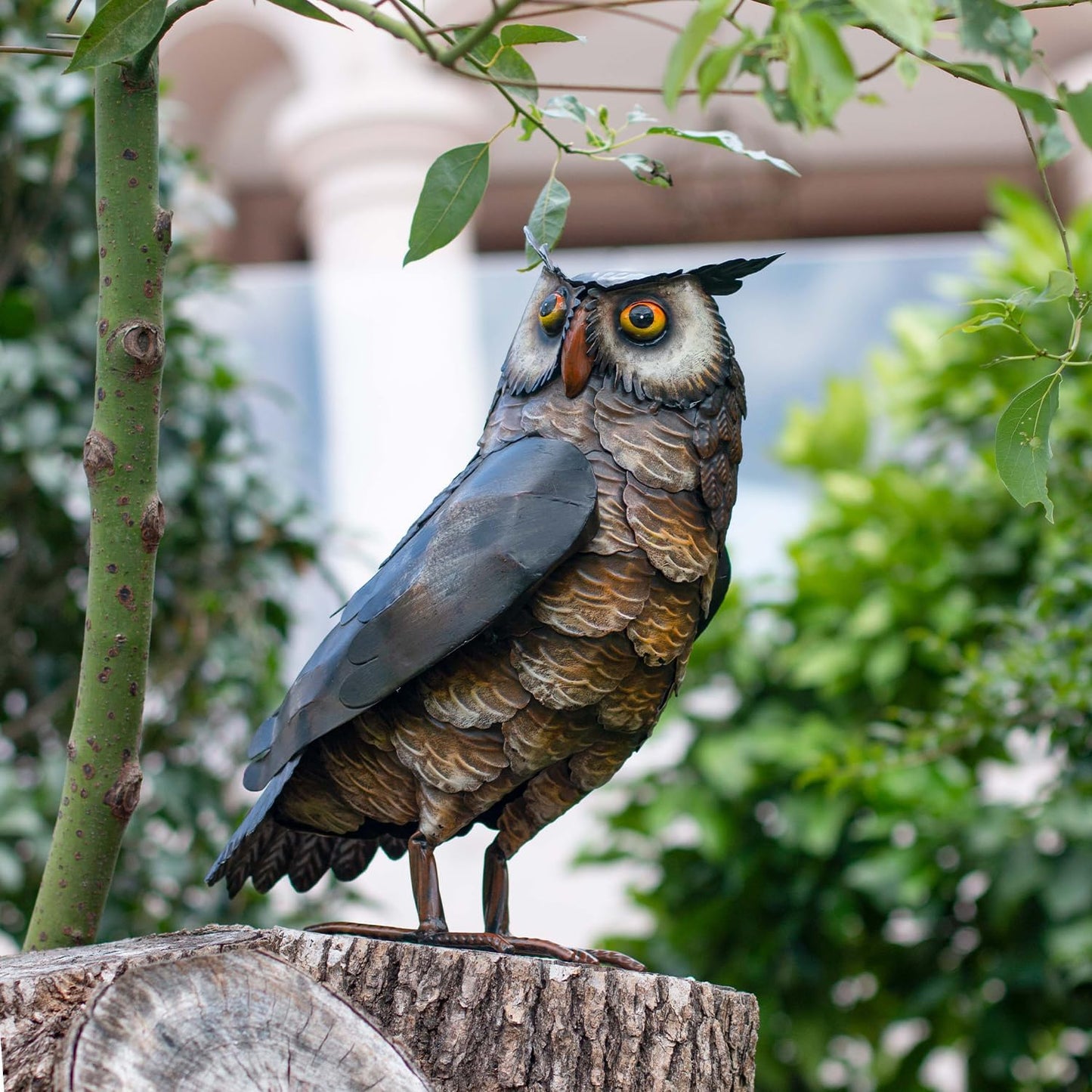 Natelf Garden Owl Sculptures & Statues, Standing Metal Bird Yard Art Sculpture for Patio Backyard Pond Outdoor Decorations (Brown-1)