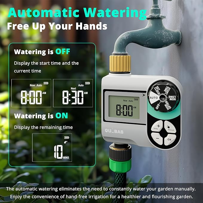 [2 Pack] QUOBAS Digital Water Timer, Programmable Sprinkler Controller, Large LCD Display, Auto/Manual/Delay Modes, for Garden Hose Watering and Drip Irrigation System