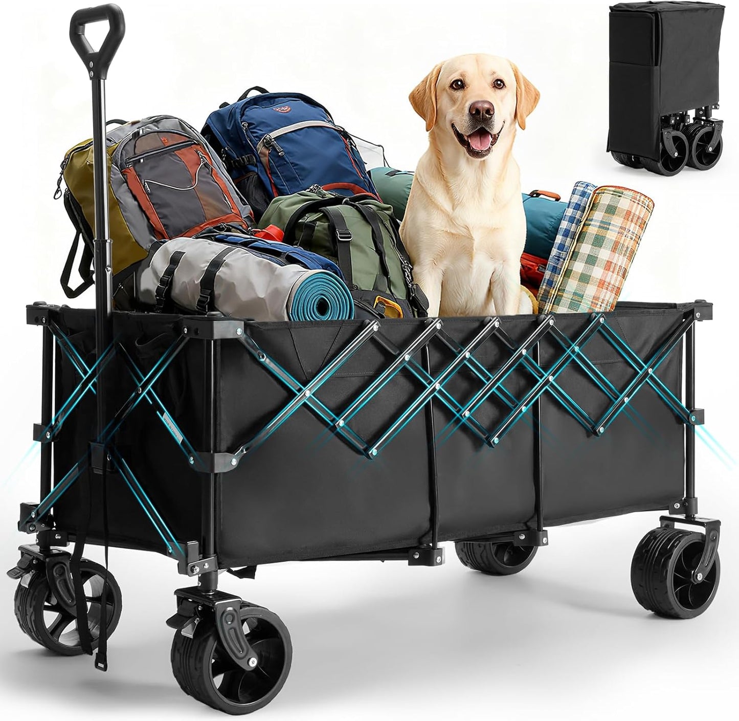 OLIXIS Collapsible Wagon Cart - 440lbs Foldable Extra Long Heavy Duty Utility Wagon with Wheels, Portable Storage Grocery Cart for Camping, Shopping, Sports, Beach, Garden (Black, 48" L)