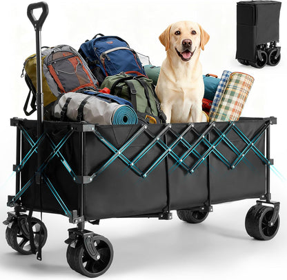 OLIXIS Collapsible Wagon Cart - 440lbs Foldable Extra Long Heavy Duty Utility Wagon with Wheels, Portable Storage Grocery Cart for Camping, Shopping, Sports, Beach, Garden (Black, 48" L)