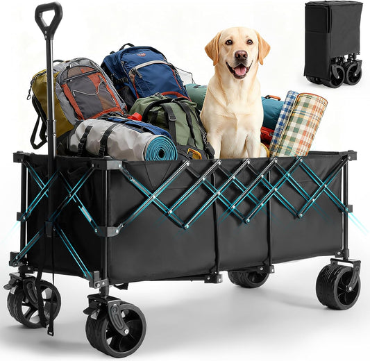 OLIXIS Collapsible Wagon Cart - 440lbs Foldable Extra Long Heavy Duty Utility Wagon with Wheels, Portable Storage Grocery Cart for Camping, Shopping, Sports, Beach, Garden (Black, 48" L)