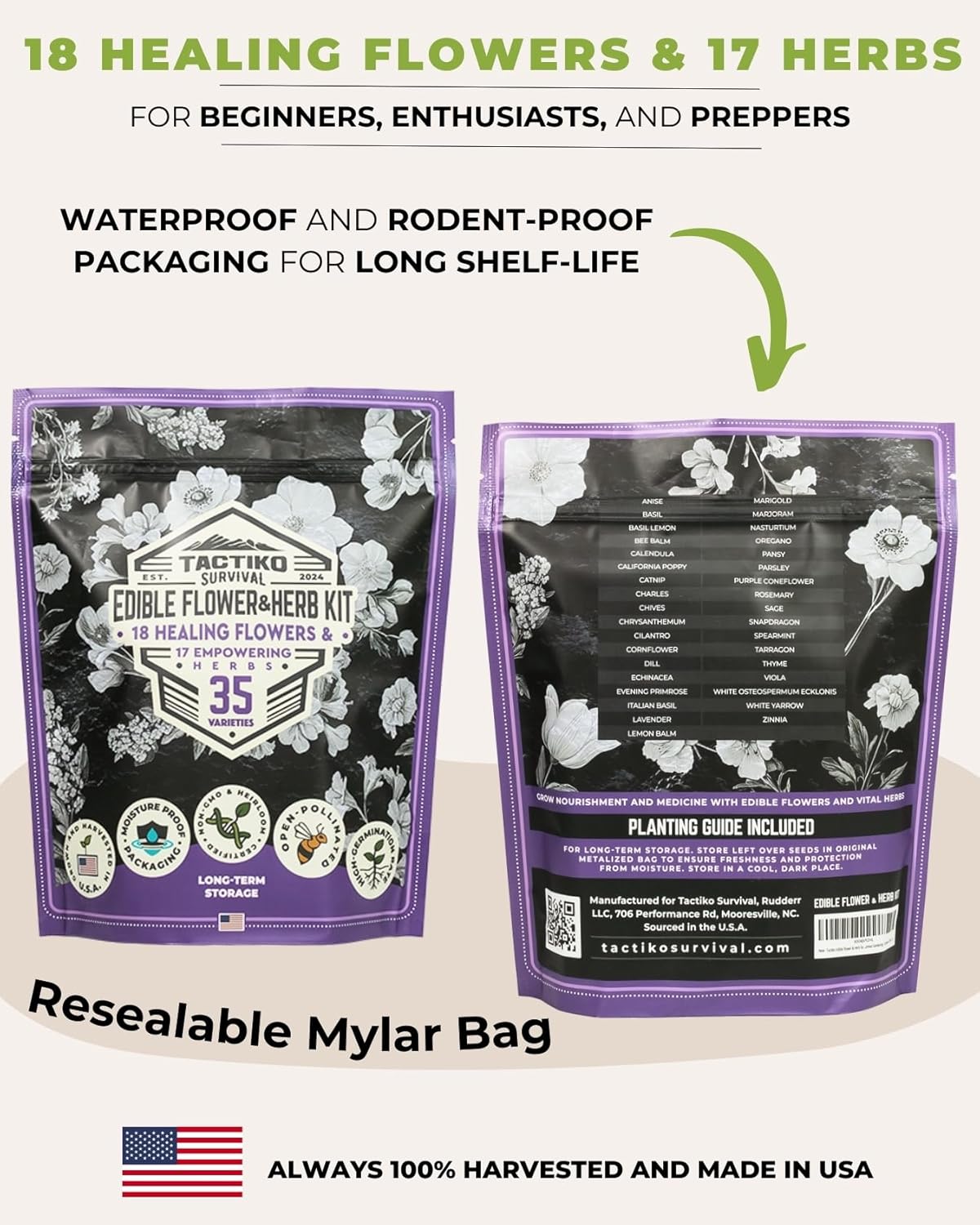 35 Tactiko Edible Flower & Herb Seeds Kit Variety - USA Grown Heirloom Non-GMO Open-Pollinated Seeds for Planting - Indoor Outdoor Gardening - Survival Long-Term Storage - Resealable Mylar Bag