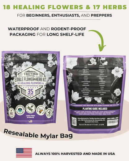 35 Tactiko Edible Flower & Herb Seeds Kit Variety - USA Grown Heirloom Non-GMO Open-Pollinated Seeds for Planting - Indoor Outdoor Gardening - Survival Long-Term Storage - Resealable Mylar Bag