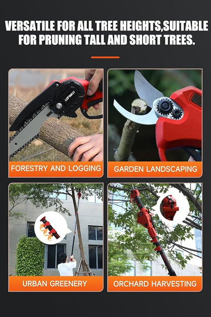 3-in-1 Electric Pruner Kit for Tree Trimming & Garden Work, Cordless Chainsaw & Shears with 8ft Telescopic Pole, 6-Inch Blade, 2 Batteries, SK5 Steel, Red – Ideal for Seasonal Yard Maintenance