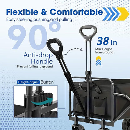 Wagons Carts Foldable, Collapsible Wagon with All-Terrain Wheels 420lbs Weight Capacity Heavy Duty Utility Wagon with Drink Holders for Beach, Garden, Camping, Shopping Groceries, Sports