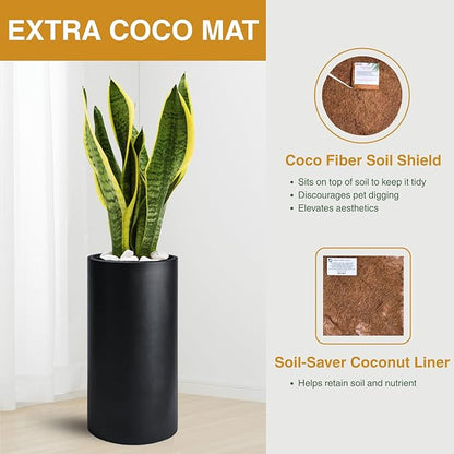 19.5"H x 9.8"D Tubo Fiberstone Cylinder Tall Planter with Drainage Hole, Smooth Finishes, Weather Resistant for Indoor and Outdoor Use, Included 2 Extra Coco Mats (Black, 8.2" Pot Opening)
