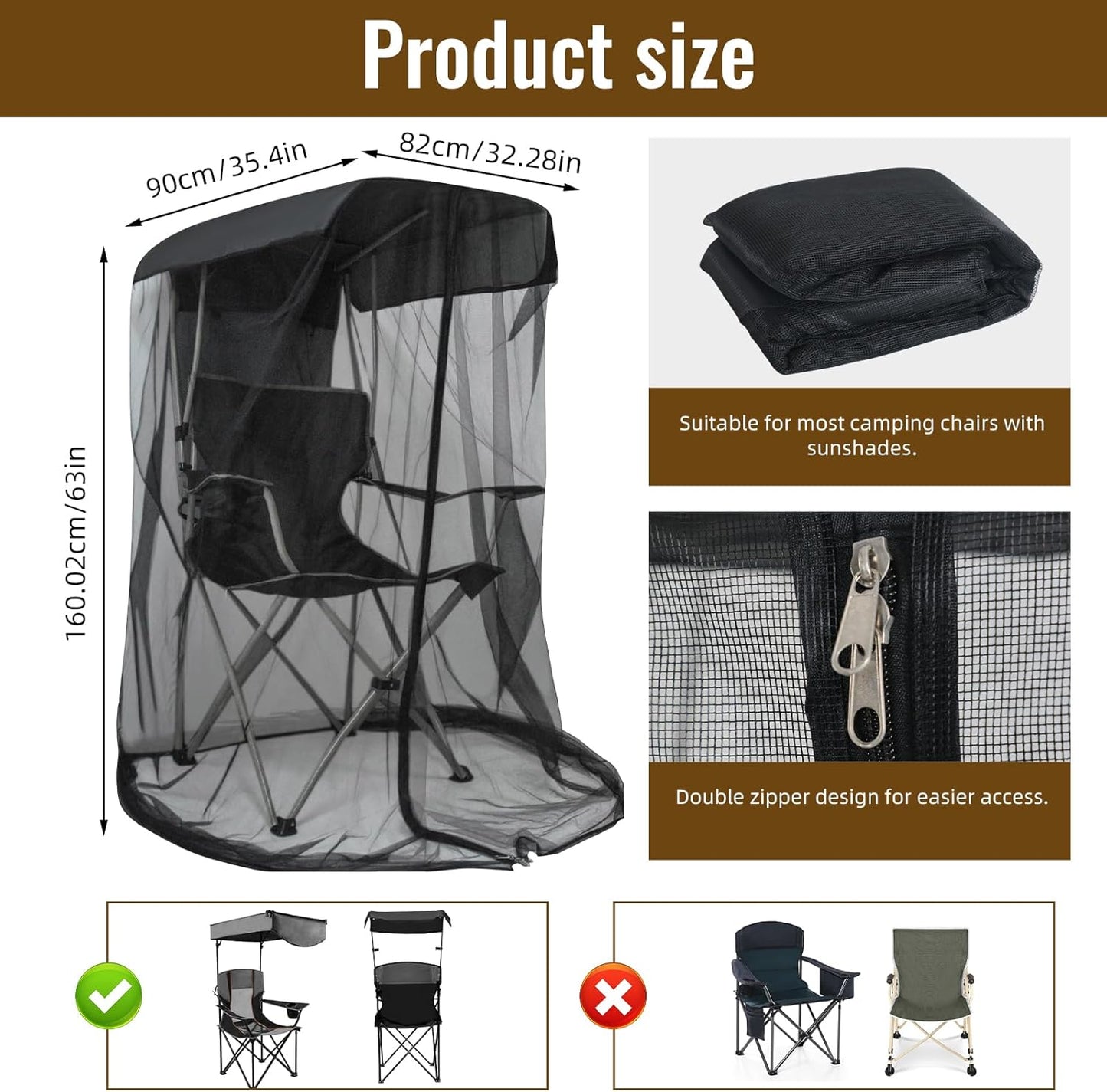 Mosquito Net for Outdoor Canopy Chair, 63"*35"*32", Bug Barrier Mosquitos Mesh Tent with 2 Zipper Opening, Waterproof Roof for Fishing Camping Chairs Outdoors, Not Included Chair