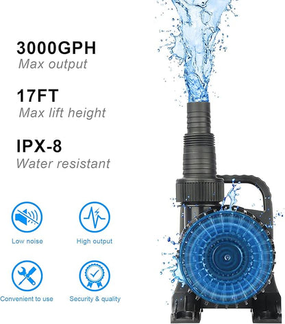 OYO WATER Outdoor 3000gph-155W 32.8FT Pond Water-fall & Kio Fish Fountain-s &Garden Pump Submersible IPX8: Long 32.8FT Cord Smart-er & Quieter Duck & Yard Ponds Pumps, 1 Barrier Pump Bag