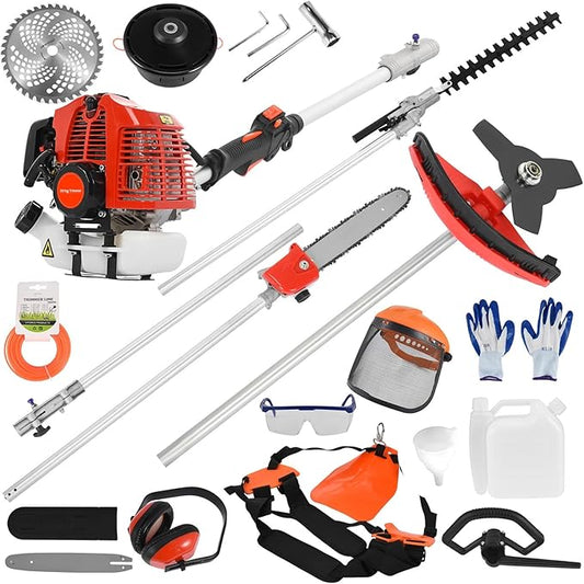 Powerful 52cc 5 in 1 Multi Functional Trimming Tools,Gas Hedge Trimmer,Weed Eater,String Trimmer, Brush Cutter,Pole Saw Chainsaw with Extension Pole, Rubber Handle & Shoulder Strap Included Red