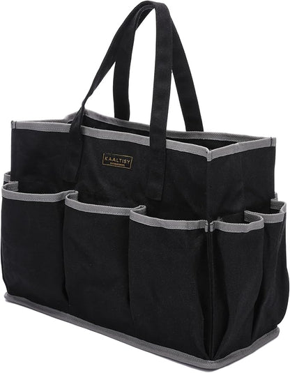 Canvas Tool Tote Bag, Heavy Duty 16oz Waxed Canvas Tool Storage Pouch with 1 Large Compartment & 10 Small Pockets | Multi-Purpose Garden Tool Bag for Horticulturists Mechanics Craftsmen – Black