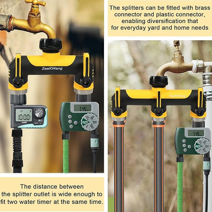 Full Flow Heavy Duty Two - Way Hose Splitter, Rugged Garden Faucet Adapter, Spout Diverter T - Way Adapter with Extended Handle, 3/4” GHT Thread, Yellow