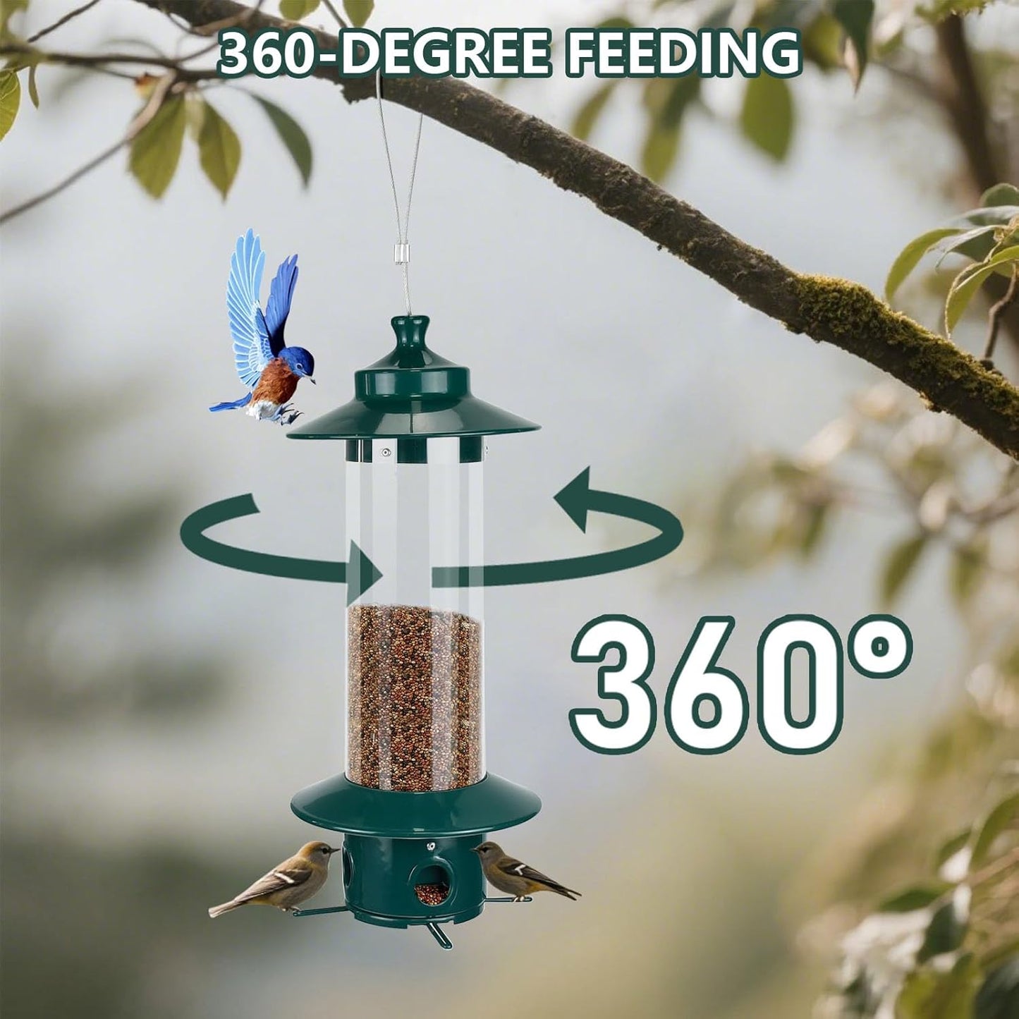 Hanging Bird Feeder for Outdoors, Squirrel Proof Bird Feeders for Outside with 4.8 Lb Capacity, 4 Ports Tube Metal Wild Bird Feeders for Garden Yard Decoration Viewing Cardinal, Weather-Resistant