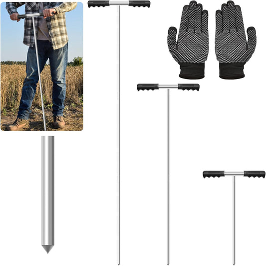 Soil Probe Rod with Gloves, COITEK 32"-48" Stainless Steel Tank Probe Rod, Adjustable Ground Rod Tool with Heavy Duty T-Handle for Locating Tank Underground Pipe Gravel Rodent Runs
