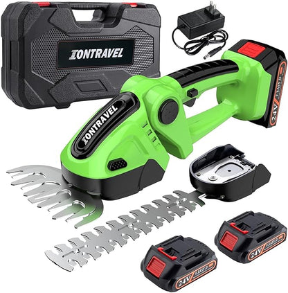 Cordless Hedge Trimmer & Grass Shears -24V Electric Shrub Trimmer Grass Shears Handheld Grass Cutter, Hedge Shear with 2 PCS Rechargeable Battery, Charger and Toolbox to for Garden, Lawn,Green