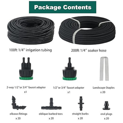 200ft 1/4'' Soaker Hose Tubing kit for Drip Irrigation with 100ft Drip Irrigation Tubing 102pcs Irrigation Fittings for Drip Water System Raised Garden Bed Greenhouse Patio Lawn