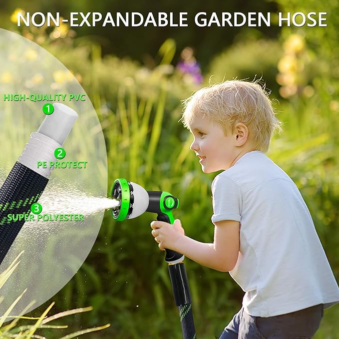 Garden Hose 50 FT, NON-EXPANDABLE Heavy-Duty Flexible & Lightweight Water Hose with 10-Function Nozzle, No-Kink Design, Leak-Proof Super Fabric, Solid Fittings for Lawn, Car, RV, Outdoor