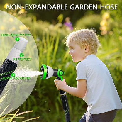 Garden Hose 50 FT, NON-EXPANDABLE Heavy-Duty Flexible & Lightweight Water Hose with 10-Function Nozzle, No-Kink Design, Leak-Proof Super Fabric, Solid Fittings for Lawn, Car, RV, Outdoor