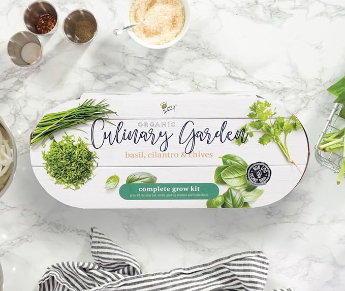 BUZZY Organic Windowsill Grow Kit, Copper Culinary Garden: Basil, Cilantro, and Chives, Best Gardening Gifts, Parties, Unique, Growth Guaranteed, Herb Starter Kit, Seed Kit, Grow Your Own Herbs