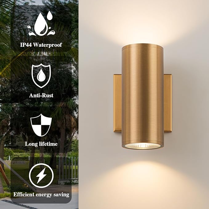 Up and Down Lights Outdoor, Modern Gold LED Outdoor Wall Lights Fixture in 2 Lights, 7 inch Cylinder Exterior Light Fixture Wall Mount for Porch Patio Garage House Entryway