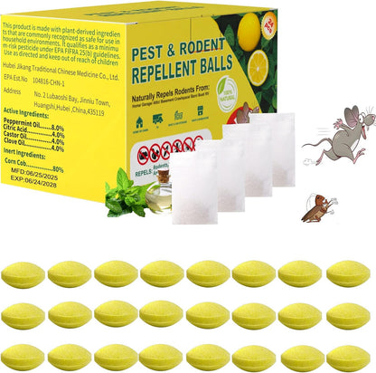Mouse Rodent Repellent, Peppermint & Lemon Oil Mice Repellent Balls - 24 Pack Natural Rodent Deterrent for Indoor/Outdoor Use, Family & Pet Safe, Long-Lasting Insect Repellent for Home, Garden, Garage