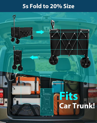 Lightweight Folding Wagon, Large Capacity Collapsible Grocery Cart on Big Wheels, Heavy Duty Foldable Shopping Carts, All-Terrain Outdoor Utility Carts for Camping, Sports, Garden, Beach, 3.5 Cu Ft