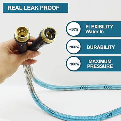 Stainless Steel Garden Hose 75ft Heavy Duty Metal Water Hoses with 10 Function Water Hose Nozzles for Yard Outdoor