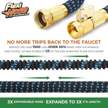 Flexi Hose with 8 Function Nozzle, 75FT - Lightweight Expandable Garden Hose, No-Kink Flexibility, 3/4 Inch Solid Brass Fittings and Double Latex Core