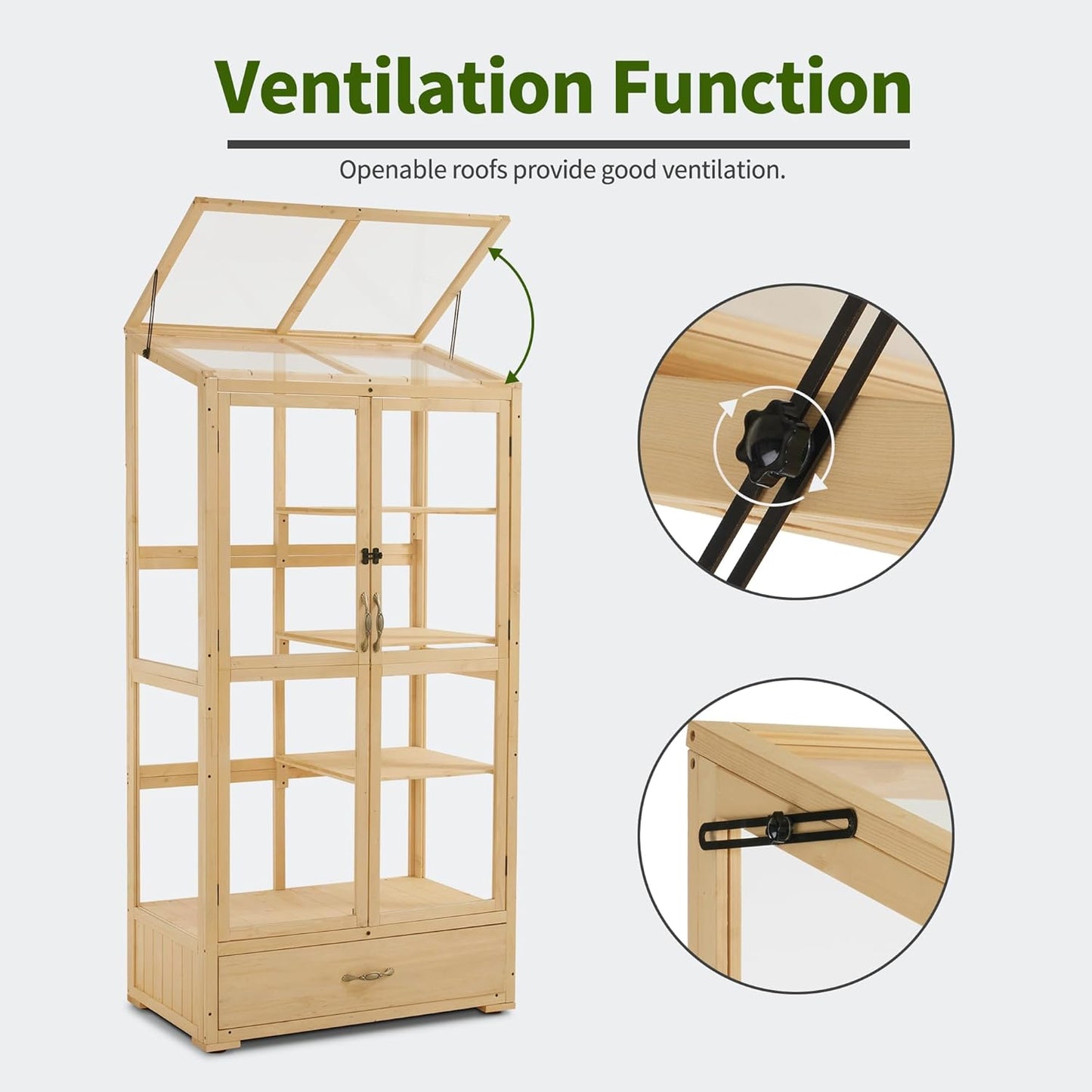 Macrout Cold Frame Greenhouse, Tall Wooden Greenhouse for Outdoor Indoor Use with Polycarbonate Panels, 3 Tier Garden Cold Frame with Drawer and Shelves, 0864 (Natural)
