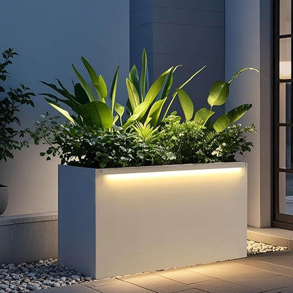 GSK 30" L White LED Metal Planter Flower Box Outdoor Illuminate Magnetic 3000K LED Light Strips Glow Vibe Modern Rectangle Raised Trough Drainage Holes Indoor Patio Balcony or Garden Decor