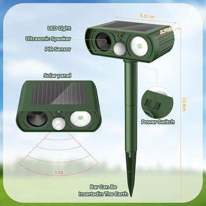 2PACK Solar Ultrasonic Animal Repellent Outdoor, Deer Repellent Devices Squirrel Cat Raccoon Rabbit Dog Deterrent, Keep Rodent Chipmunk Away Motion Detection with Flash Light for Yard Garden Lawn