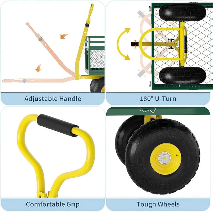 Metal Wagon - 1400lbs Garden Cart with 10" Multi-Terrain Tires, 4 Removable Mesh Sides & 180° Swivel Handle, Yard Wagon Cart for Lawn, Yard, Patio Gardening