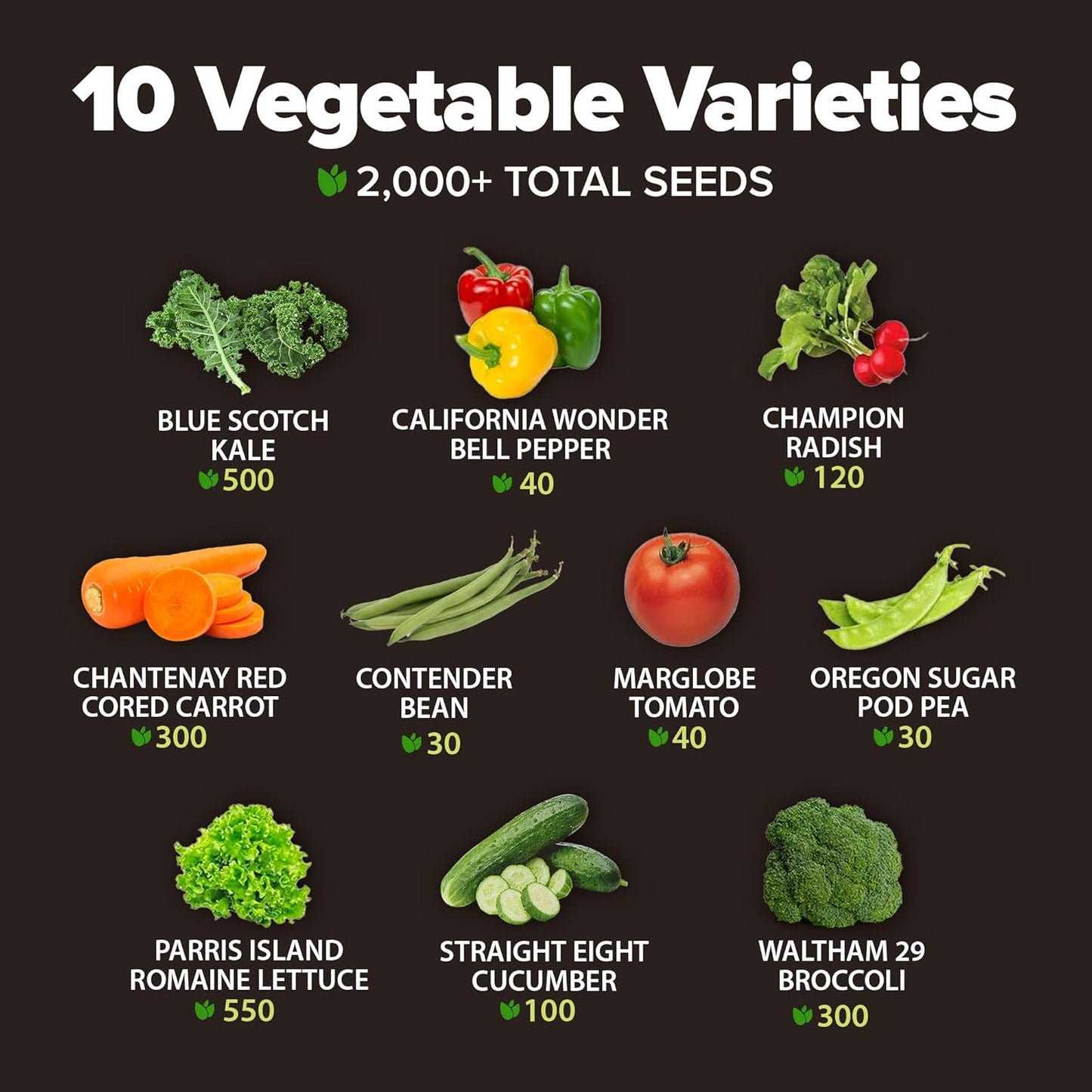 HOME GROWN Premium USA-Grown Vegetable Seeds - 10 Variety Pack with 5,800+ Non-GMO Heirloom Seeds for Planting - Garden Vegetable Seeds for Indoor & Outdoor Planting - Survival Seed Vault Kit