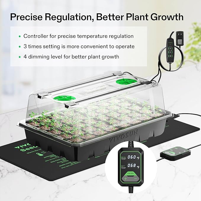 VIVOSUN 1-Pack 40-Cell Seed Starter Trays with 1 Set of LED Lights and 10"x20.75" Seedling Heat Mat, 3.6" Higher Cover, Adjustable Vents, Drainage Holes, Green Propagation Tray for Planting Seeds
