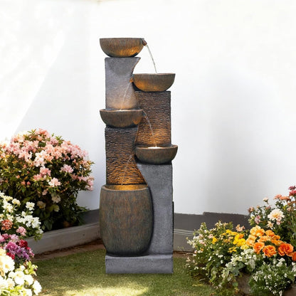 51.6'' H Tall Outdoor Water Fountain, 5-Tier Resin Cascading Crock Bowls with LED Lights, Garden Water Feature and Waterfall for Porch, Deck, Patio, Yard, and Home Décor, Dark Gray