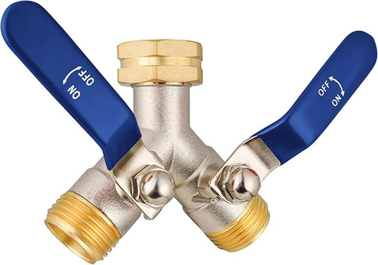 2 Way Hose Splitter, Brass High Flow Garden Hose Splitter Heavy Duty, Hose Connector, Water Spigot Splitter, Full Flow Faucet Splitter with shutoff, 3/4” GHT Inlet