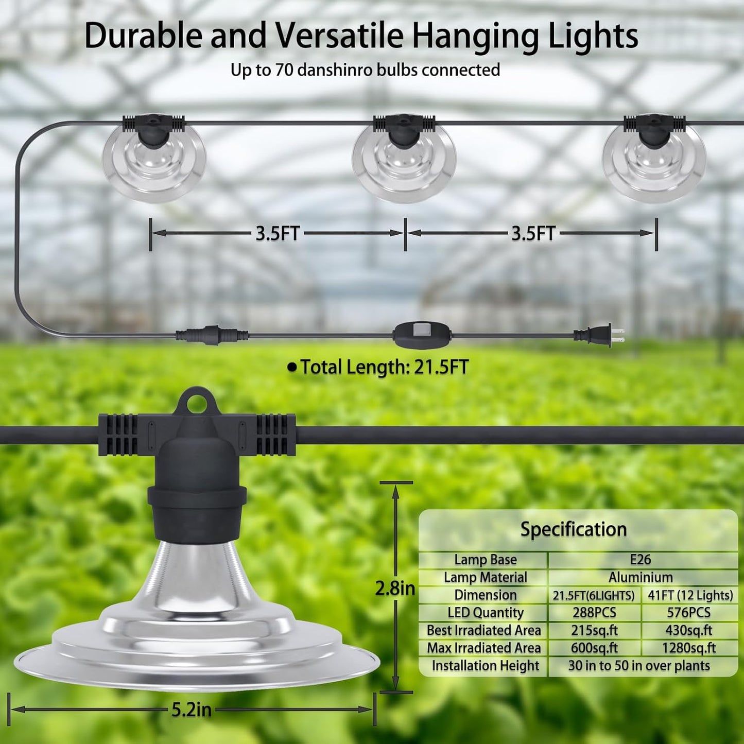 6-Light Outdoor LED Grow Lights – Waterproof Full Spectrum Greenhouse Lights for Plants, 21.3FT Adjustable String Lights with 288 LEDs E26 Base Bulbs, IP44 Waterproof for Garden, Farm, Yard
