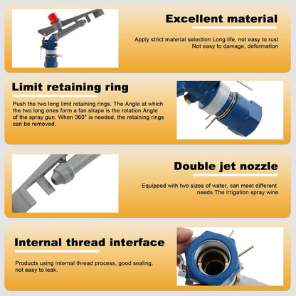 1.0" Agriculture Farm Irrigation Sprinkler Lawn Sprinkler Irrigation Spray Gun Large-Area Watering Spray 360° Rotary Farm Lawn Garden Irrigation, Pack of 2