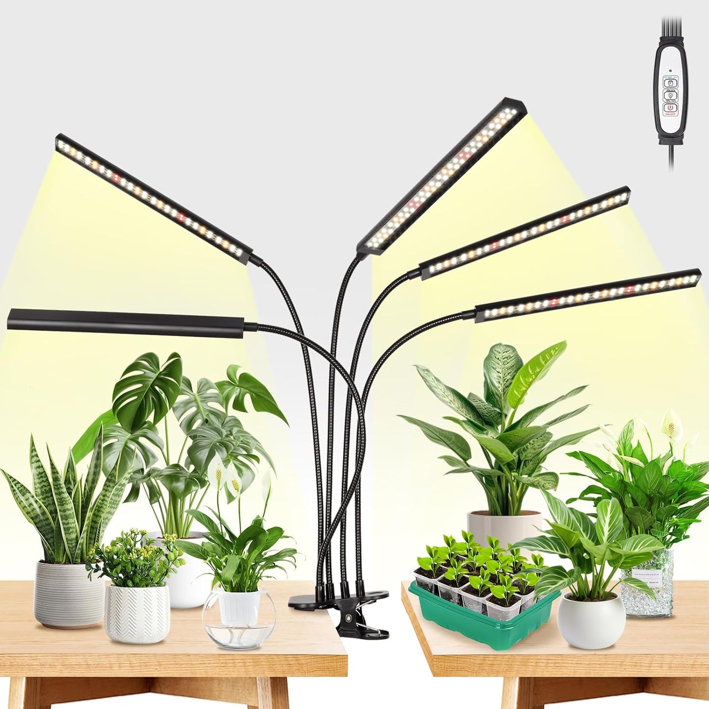 FOXGARDEN Grow Lights for Indoor Plants Full Spectrum, Plant Lights for Indoor Growing with Timer 4/8/12 H, Five-Head 260 LED Clip Grow Lamp with Gooseneck, 4 Brightness Levels for Plant Growing