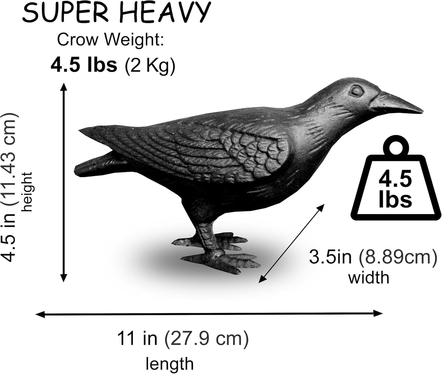 NACH Crow Decor, 4.5 x 11 x 3.5 inch, Cast Iron Black Raven Statue, Raven Decor for Outside - Head Up Crow Statue