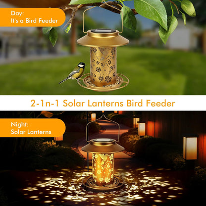 Solar Bird Feeders Outdoors Hanging - Metal Waterproof Outside Wild Bird Feeders Solar Garden Lantern Ideal Gift for Bird Lovers, Women and Mom, Decoration for Yard, Patio, Lawn
